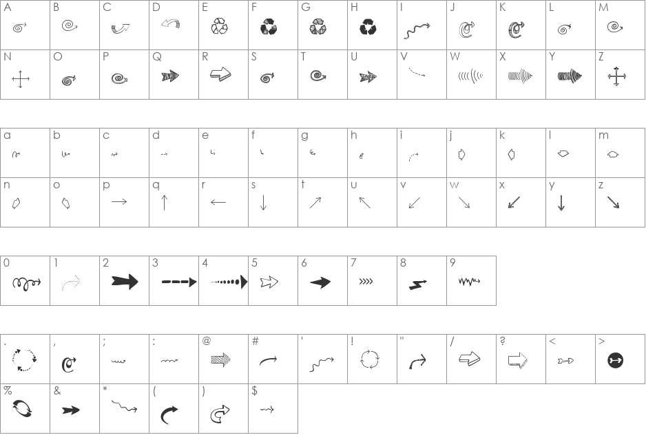 Austie Bost Arrow Mania font character map preview