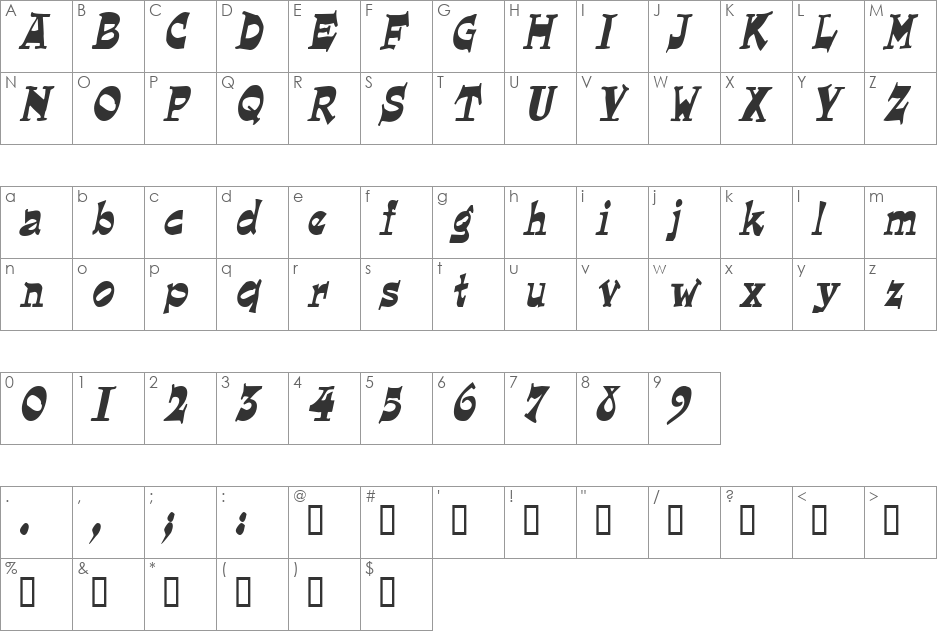 LoungerCondensed font character map preview