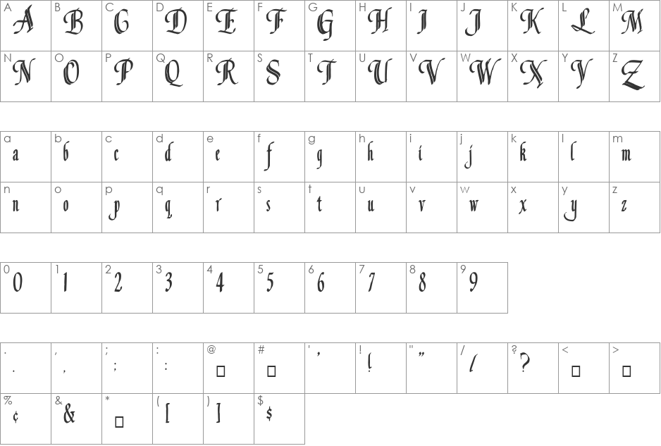 Louvaine font character map preview