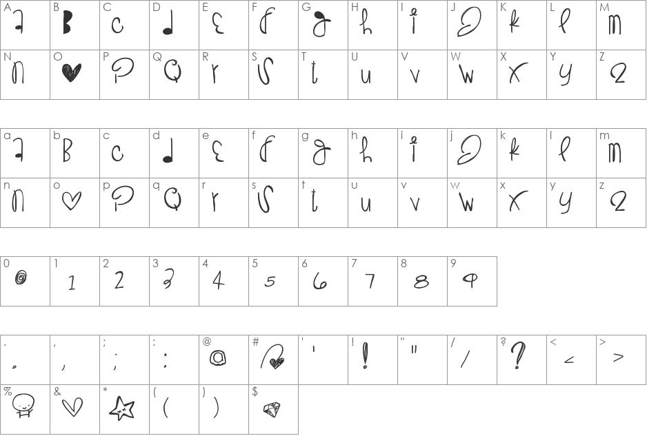 Love font character map preview