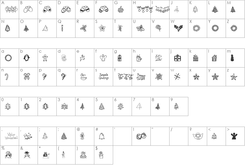 Austie Bost Christmas Doodles font character map preview