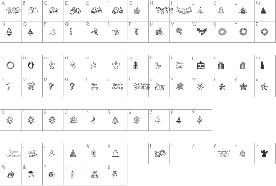 Austie Bost Christmas Doodles font character map preview