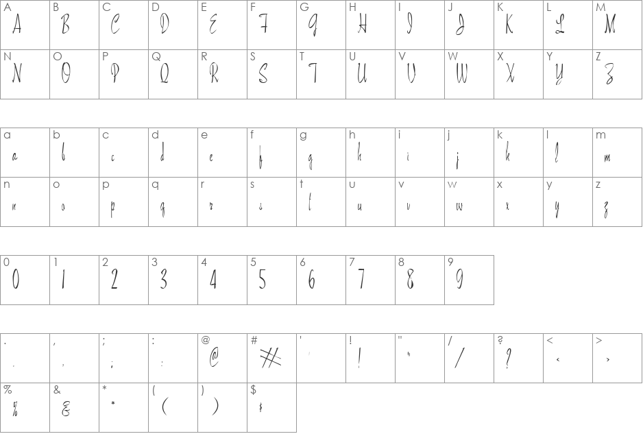 Lovebird font character map preview