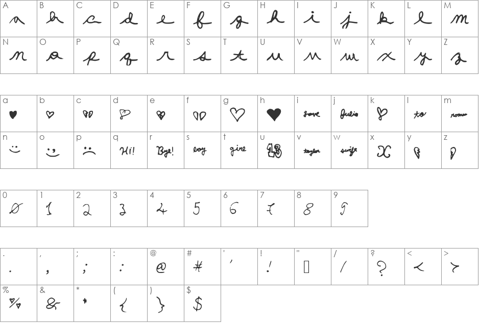 LoveJuliet font character map preview