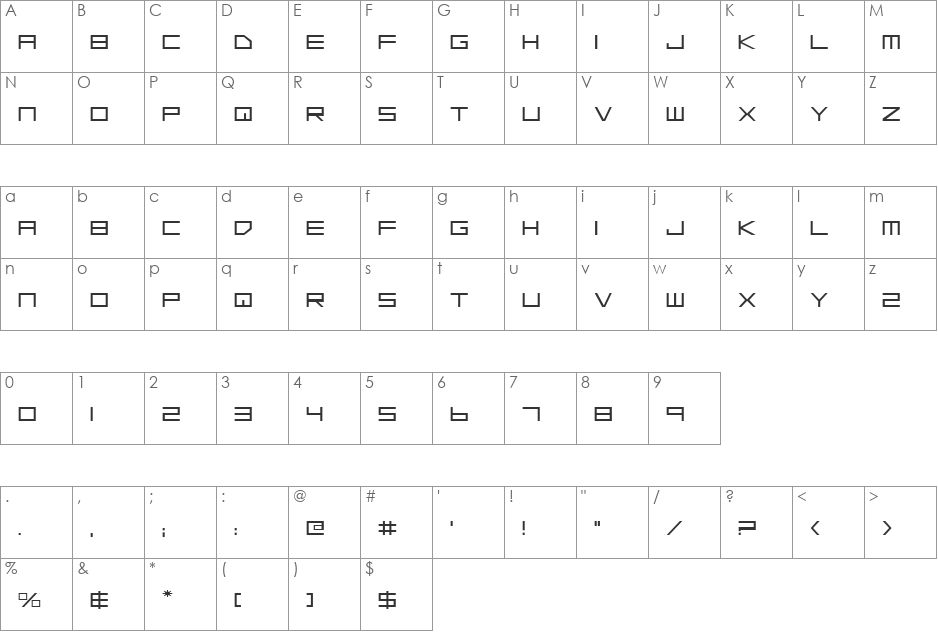 Low Gun Screen Expanded font character map preview