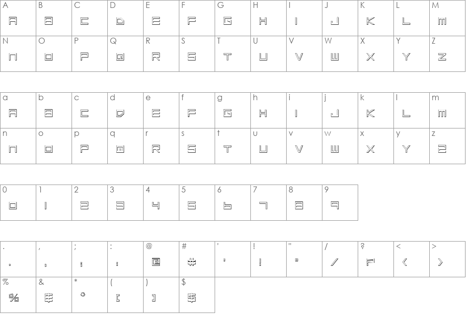 Low Gun Screen Outline font character map preview