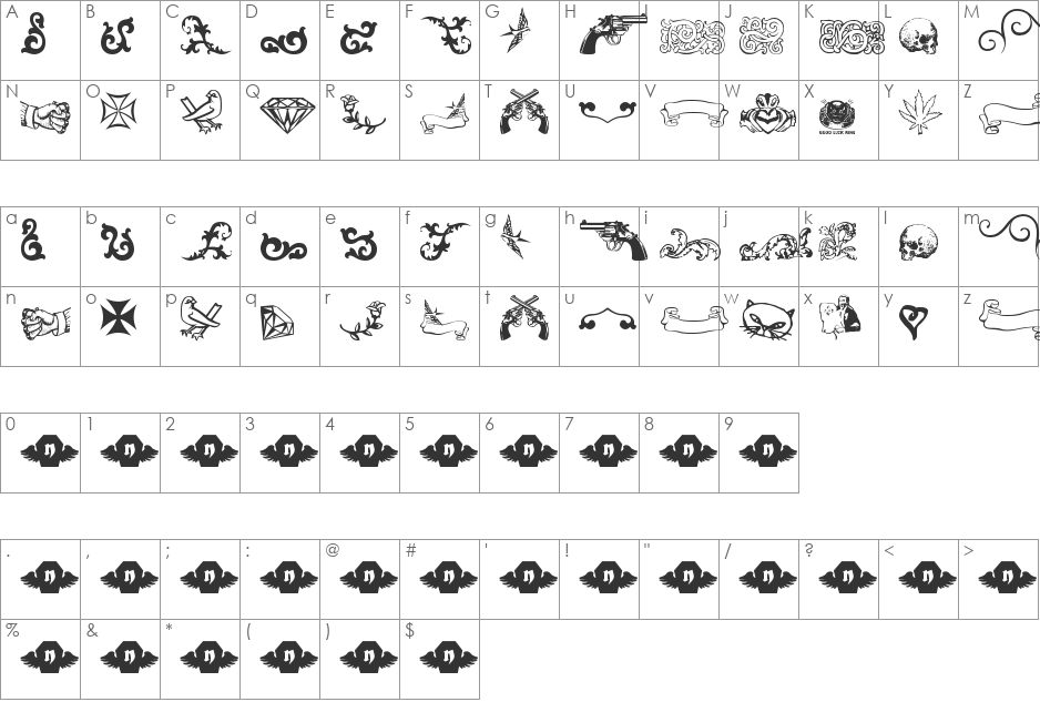 LT Sweet Nothings font character map preview