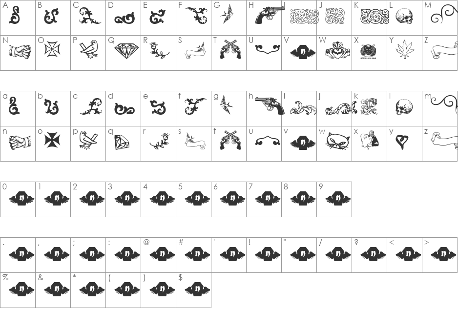 LT Sweet Nothings font character map preview