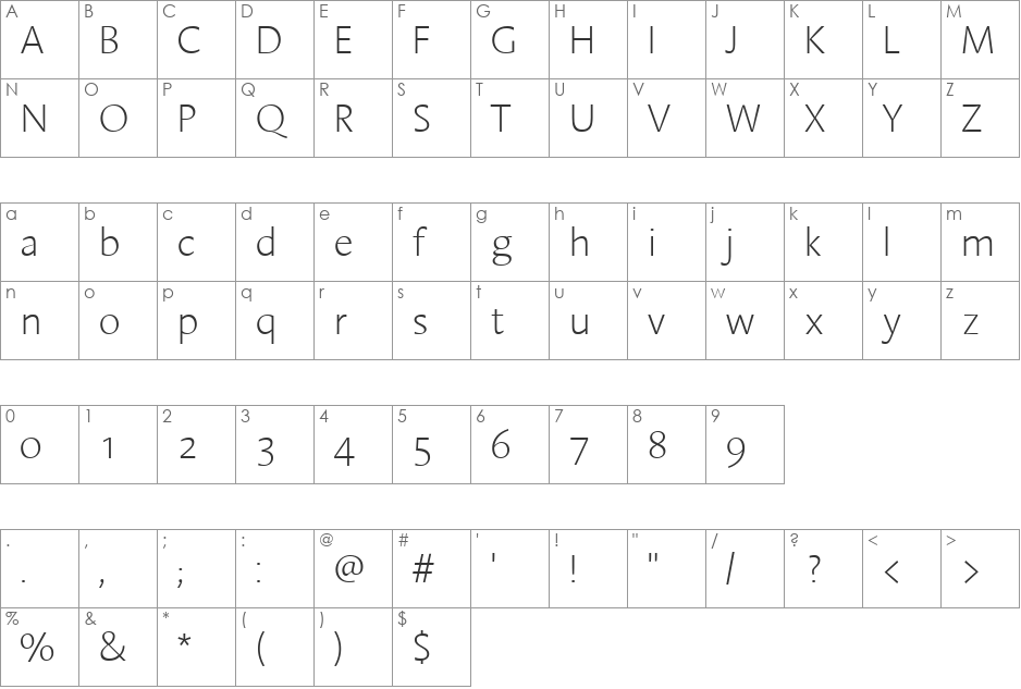 LTAroma ExtraLight font character map preview