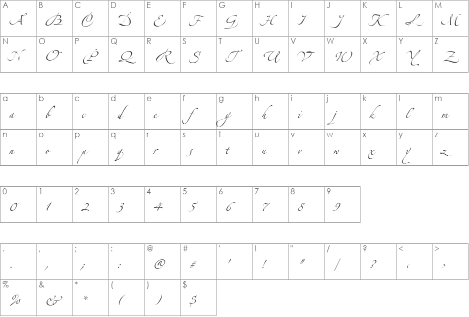 LTZapfino Three font character map preview