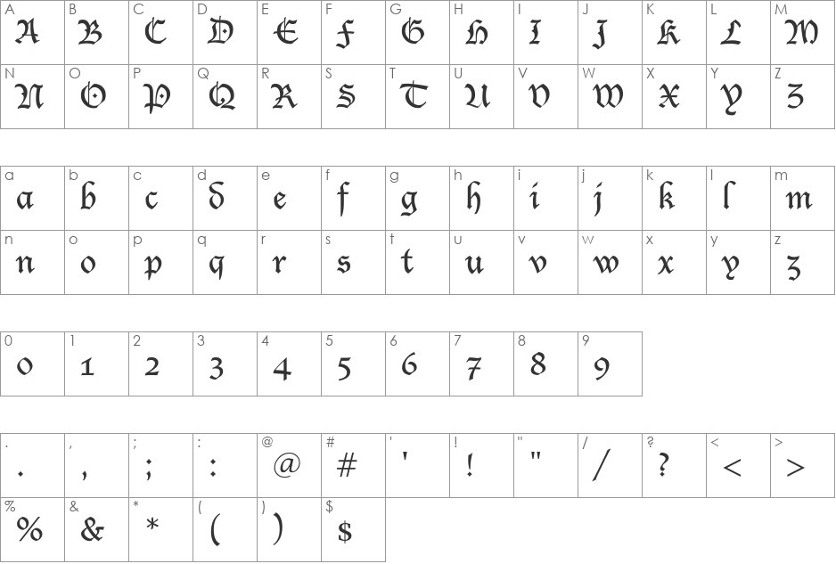 Lucida Blacklet font character map preview