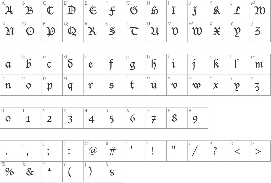 Lucida Blackletter font character map preview