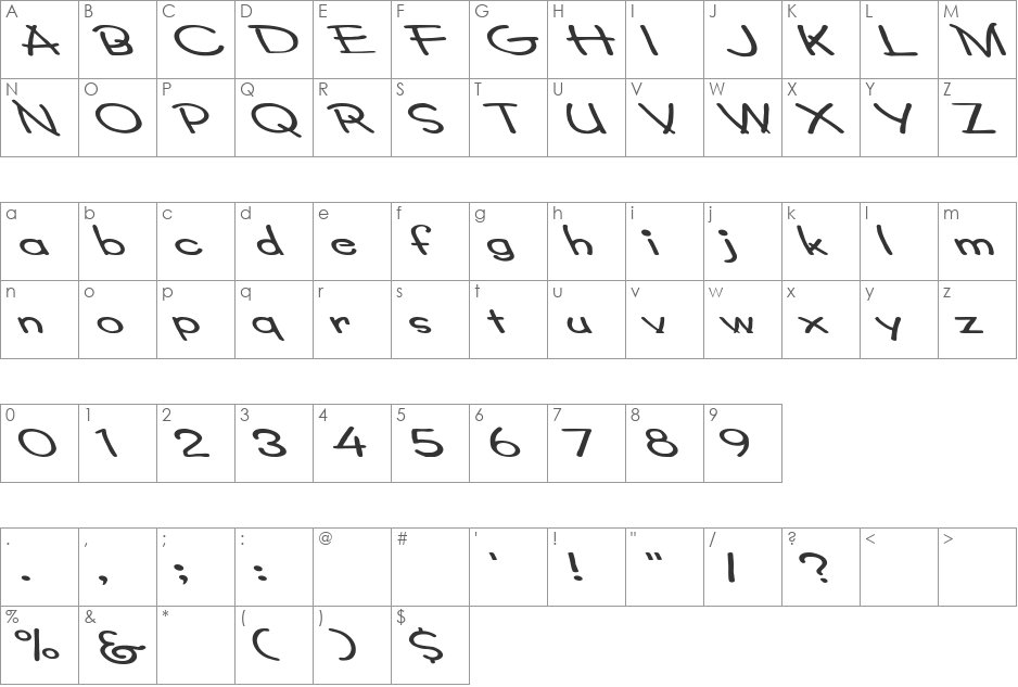 Lumparsky Ex Lefty font character map preview
