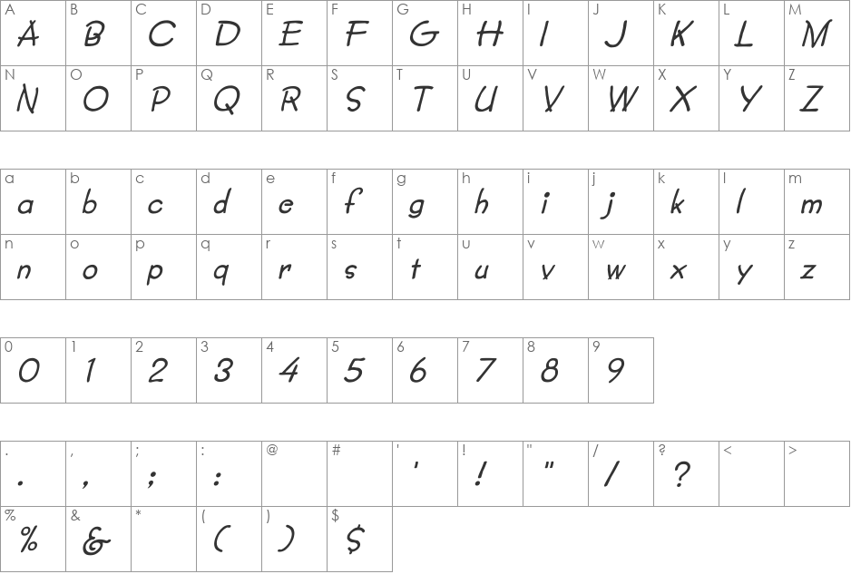 Lumparsky Italic font character map preview