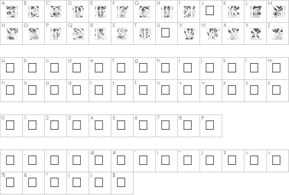 Lurzing Initials font character map preview