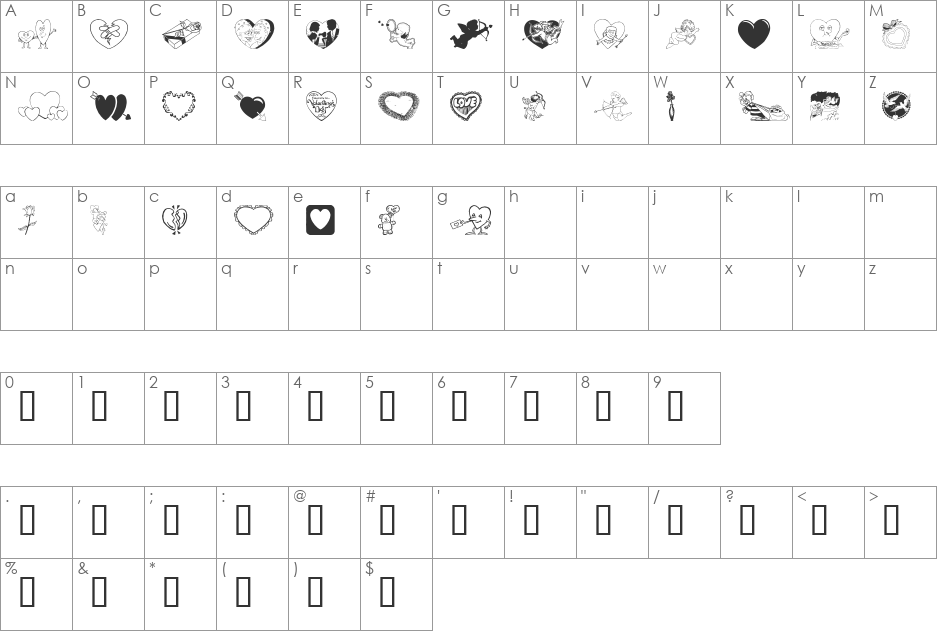 Luvya Babe font character map preview