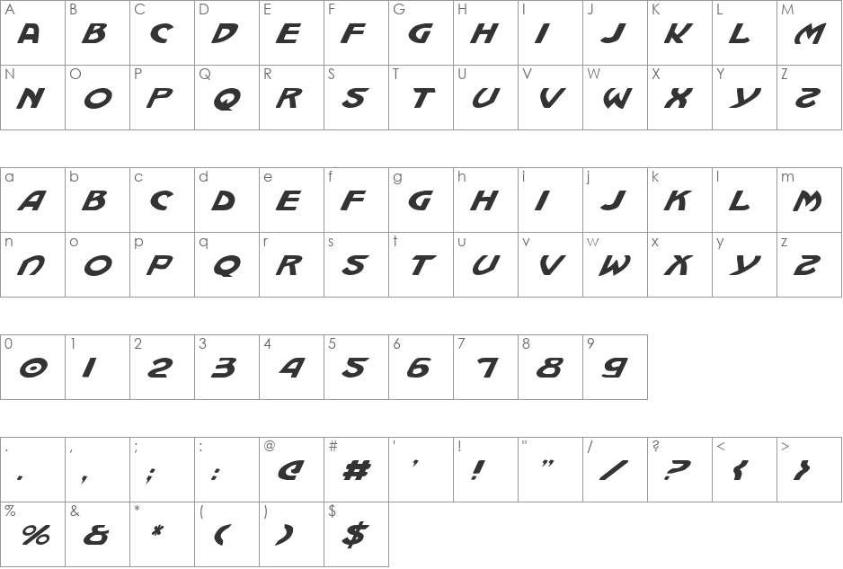 Machiavelli Italic font character map preview