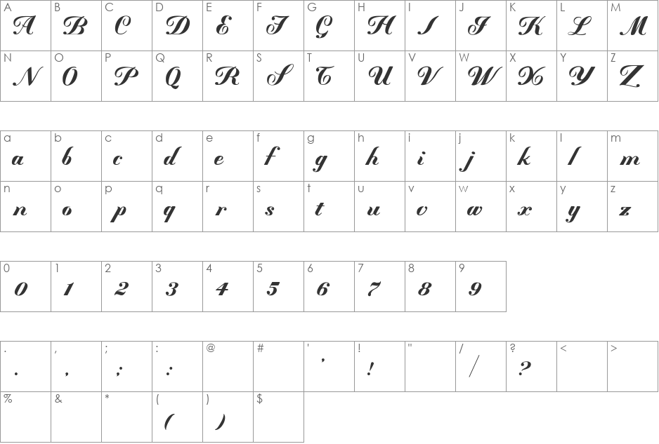 Mademoiselle  font character map preview
