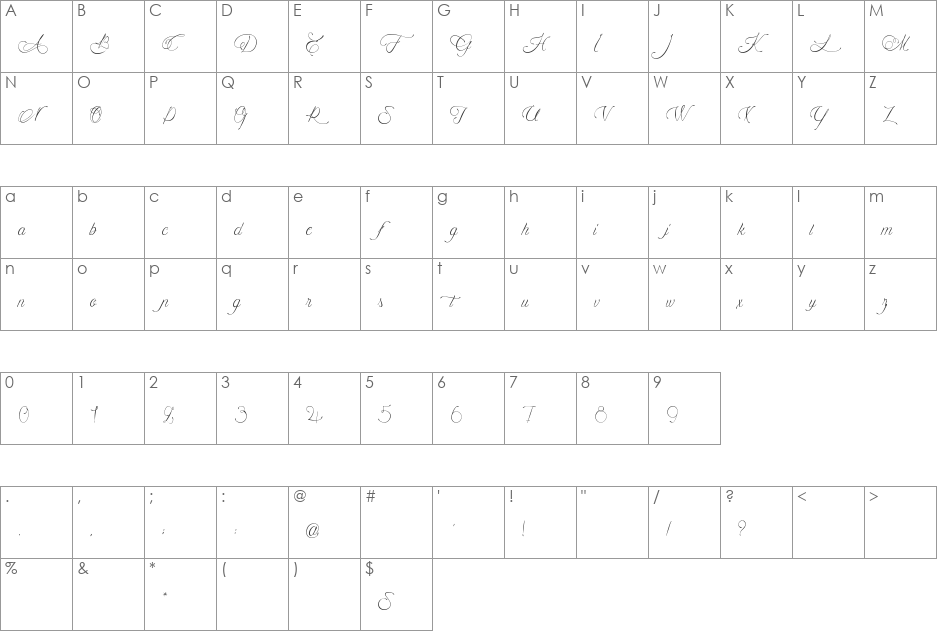 Mademoiselle Camille font character map preview