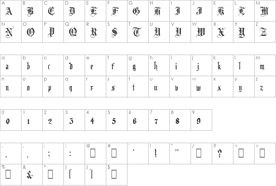 AutoREALM Blackletter font character map preview