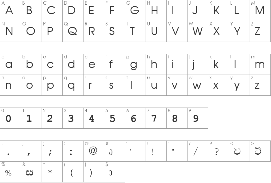 Madhura font character map preview