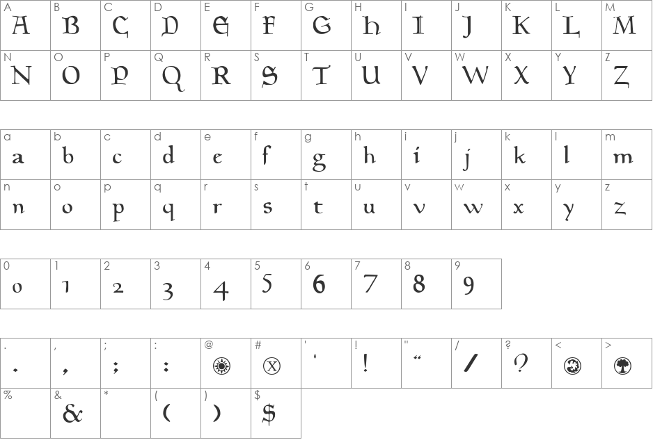 Magic:the Gathering font character map preview