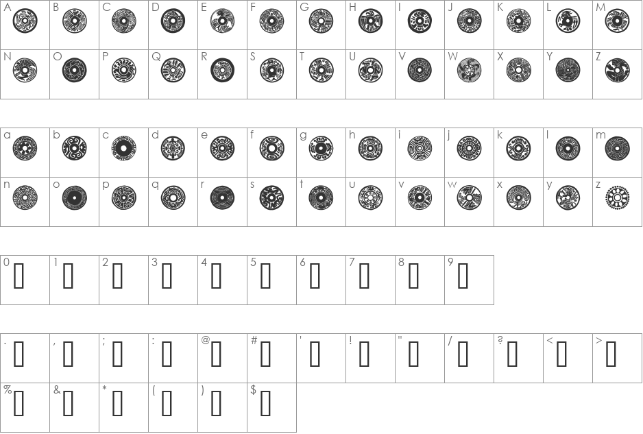 Malacates font character map preview