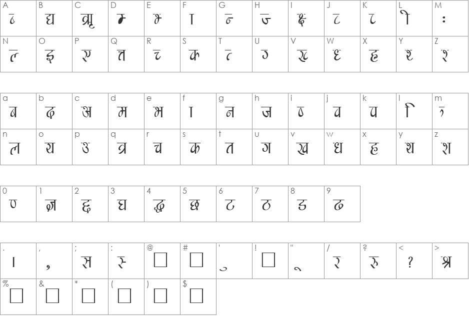 Manishau font character map preview