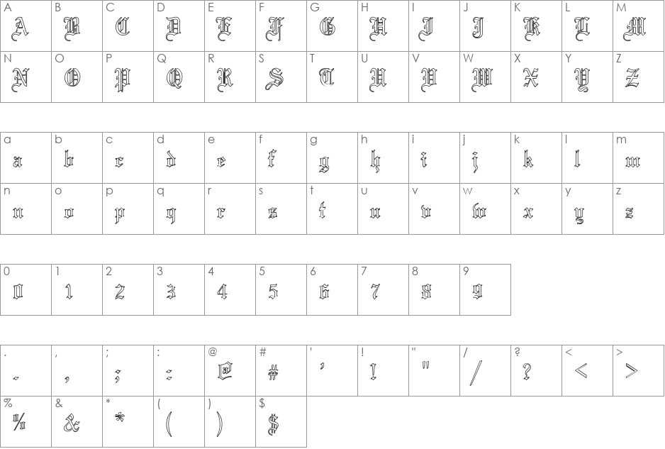 Mariage-Normal Outline font character map preview