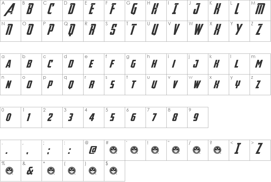Avengeance font character map preview