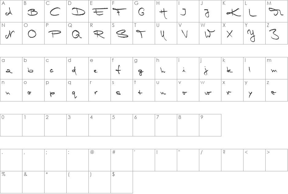 Marleen Script reduced font character map preview