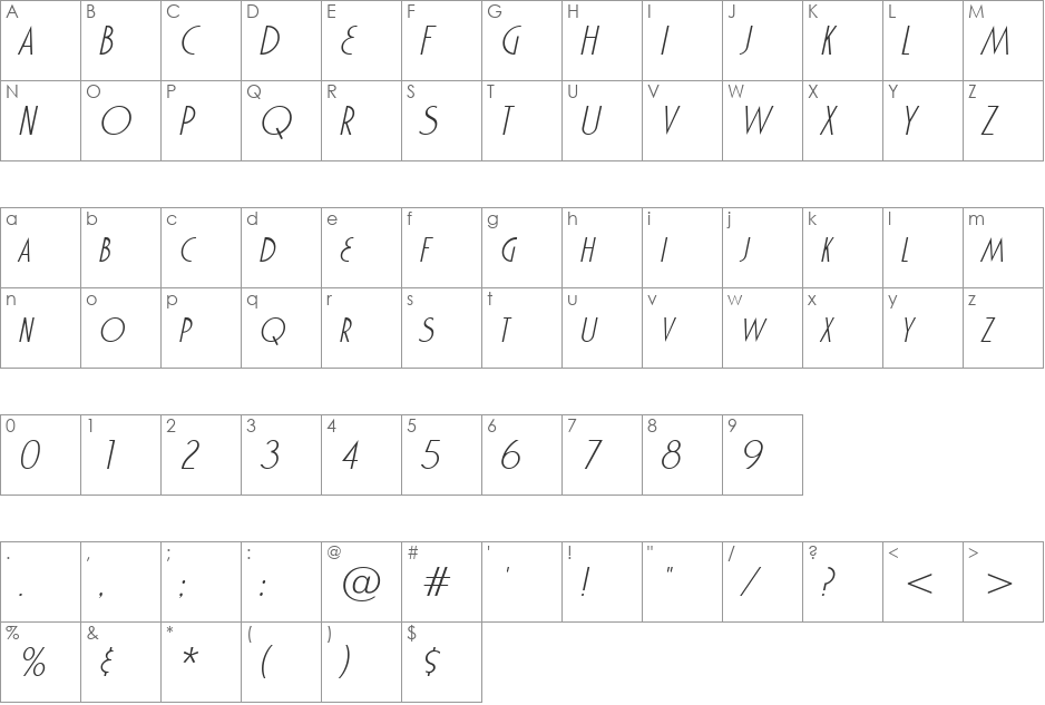 Marquisette BTN Light font character map preview