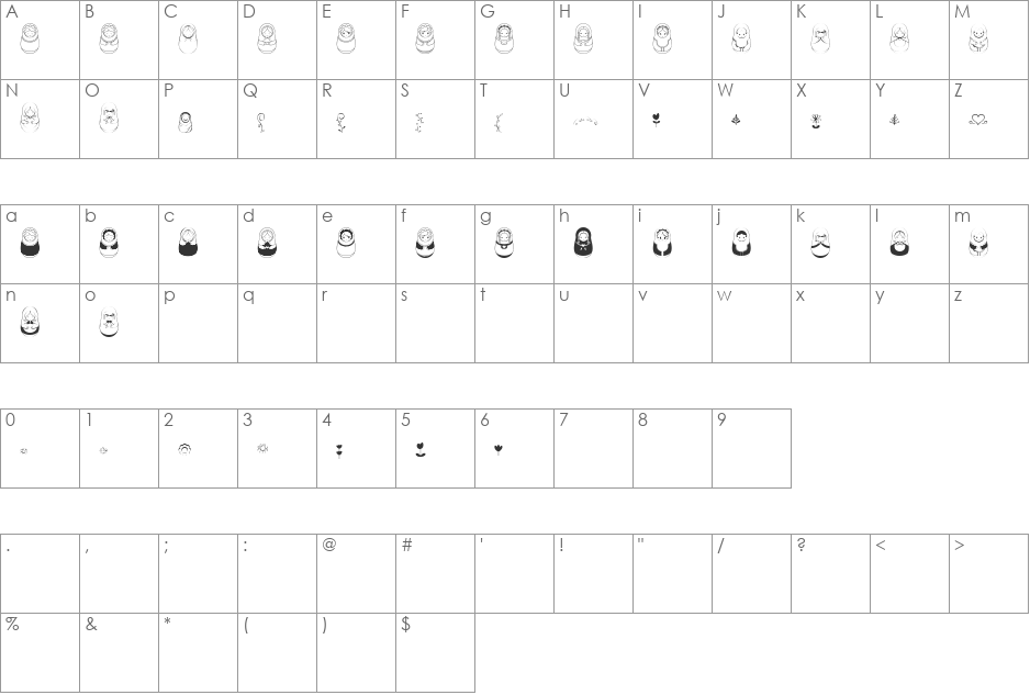 Matriochkas font character map preview