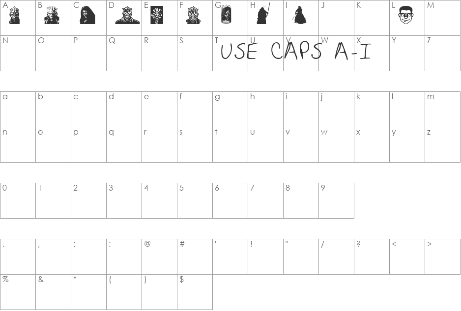 Maulbats font character map preview