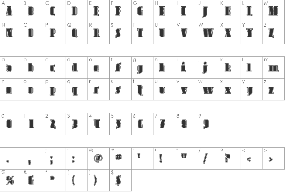 Avondale Inline font character map preview