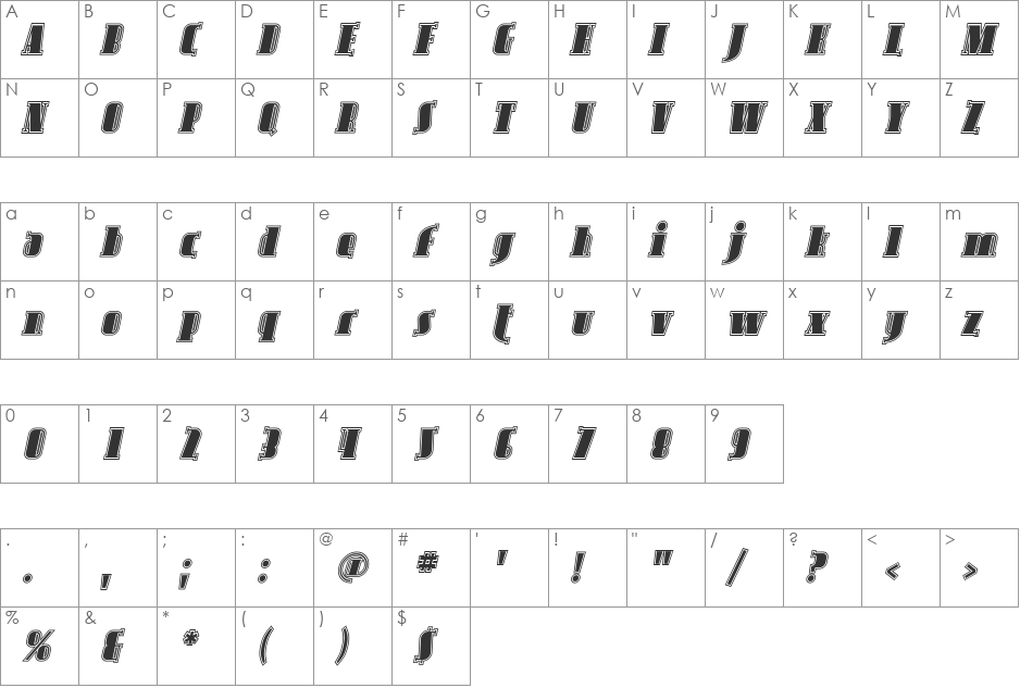 Avondale Inline font character map preview