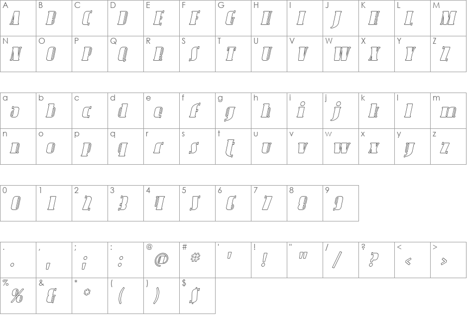 Avondale Outline font character map preview