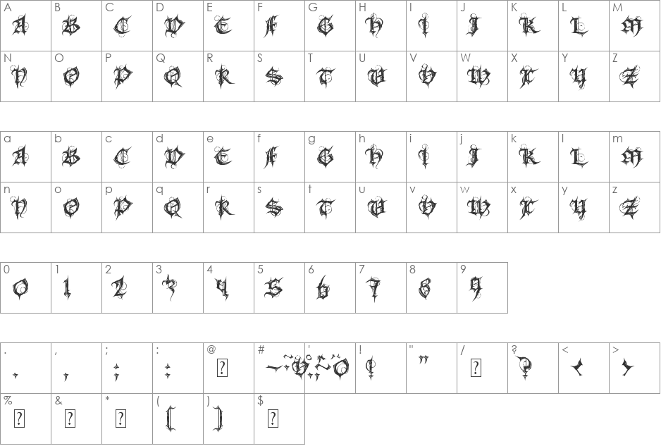MB Gothic Spell font character map preview