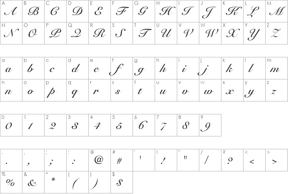 MC Impress font character map preview