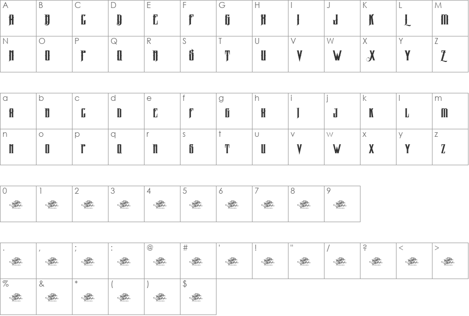 MCF zelfis font character map preview