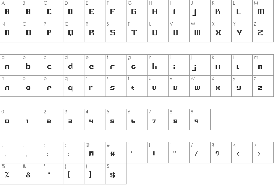 Meccano font character map preview