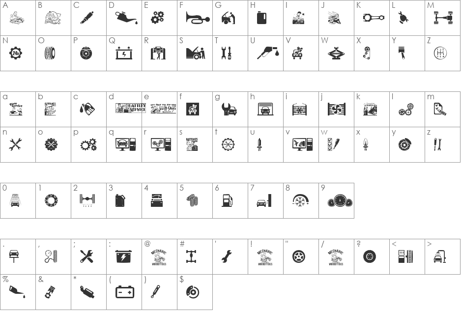 Mechanic font character map preview