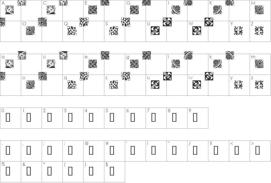 Medieval Tiles I font character map preview