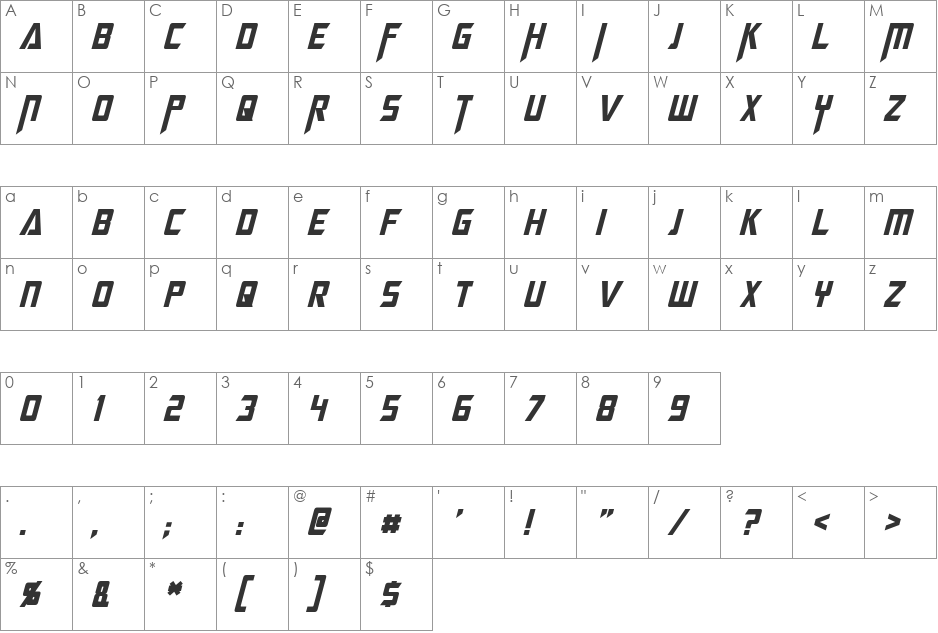 Megatron font character map preview