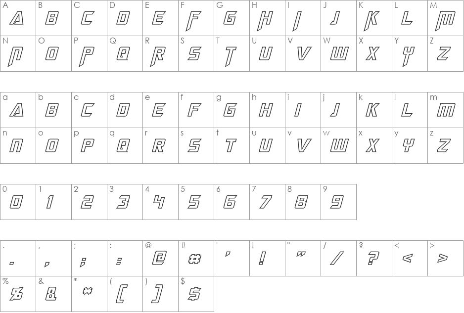 Megatron Hollow font character map preview