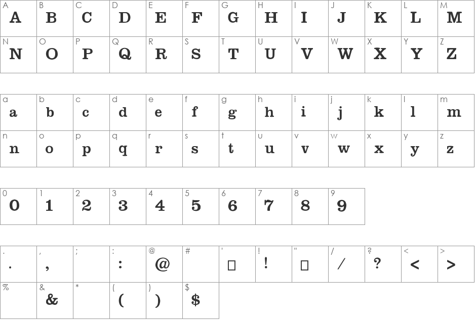 Megeon font character map preview