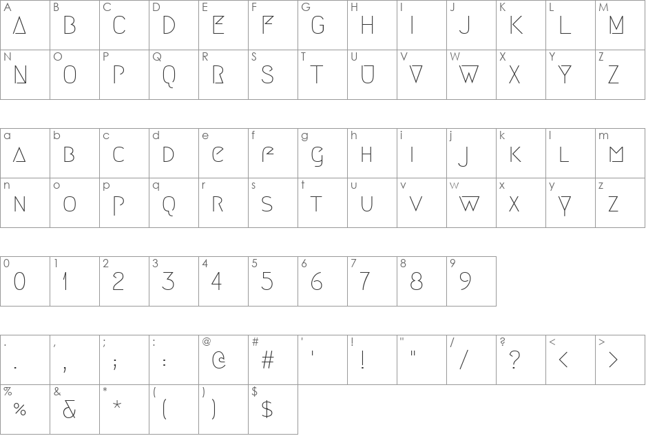 Megrim font character map preview