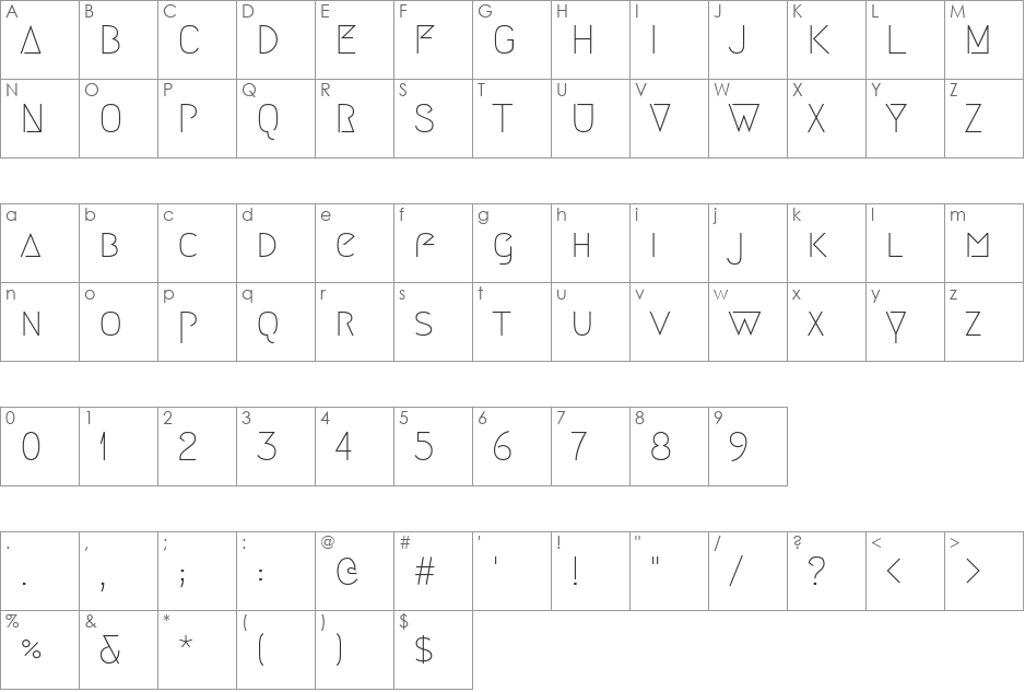 Megrim font character map preview