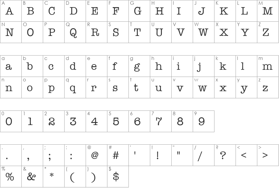 Ayar Typewriter font character map preview