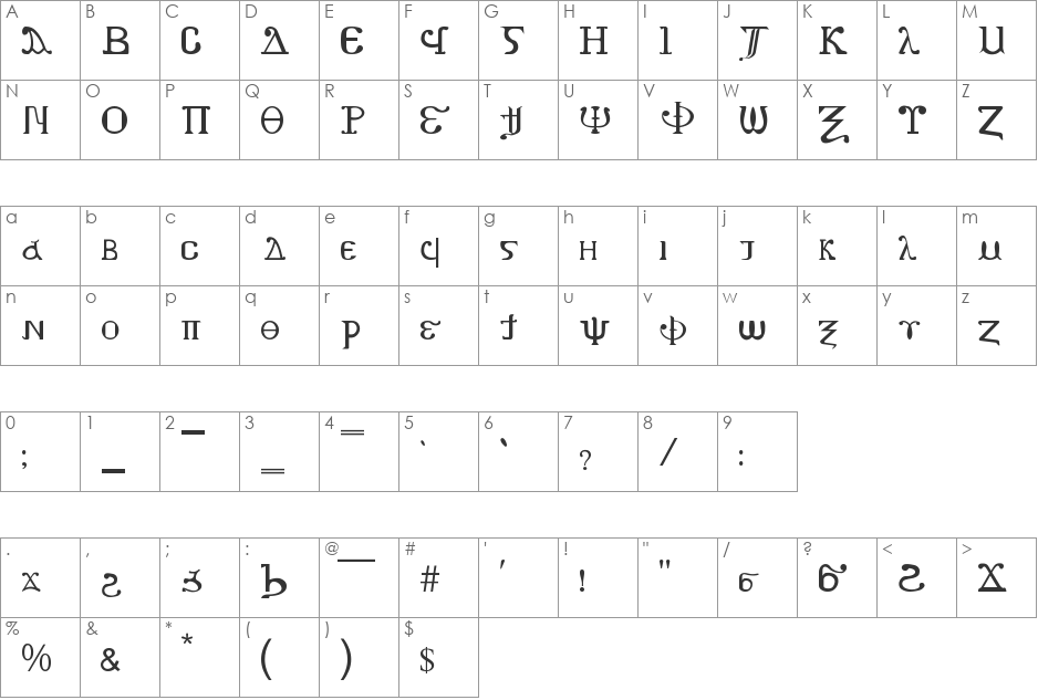 MENA 1 font character map preview